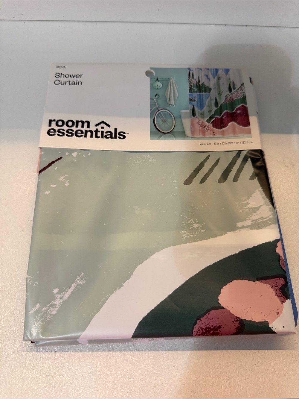 Room Essentials Sage, Pink & Dark Green Abstract Shower Curtain